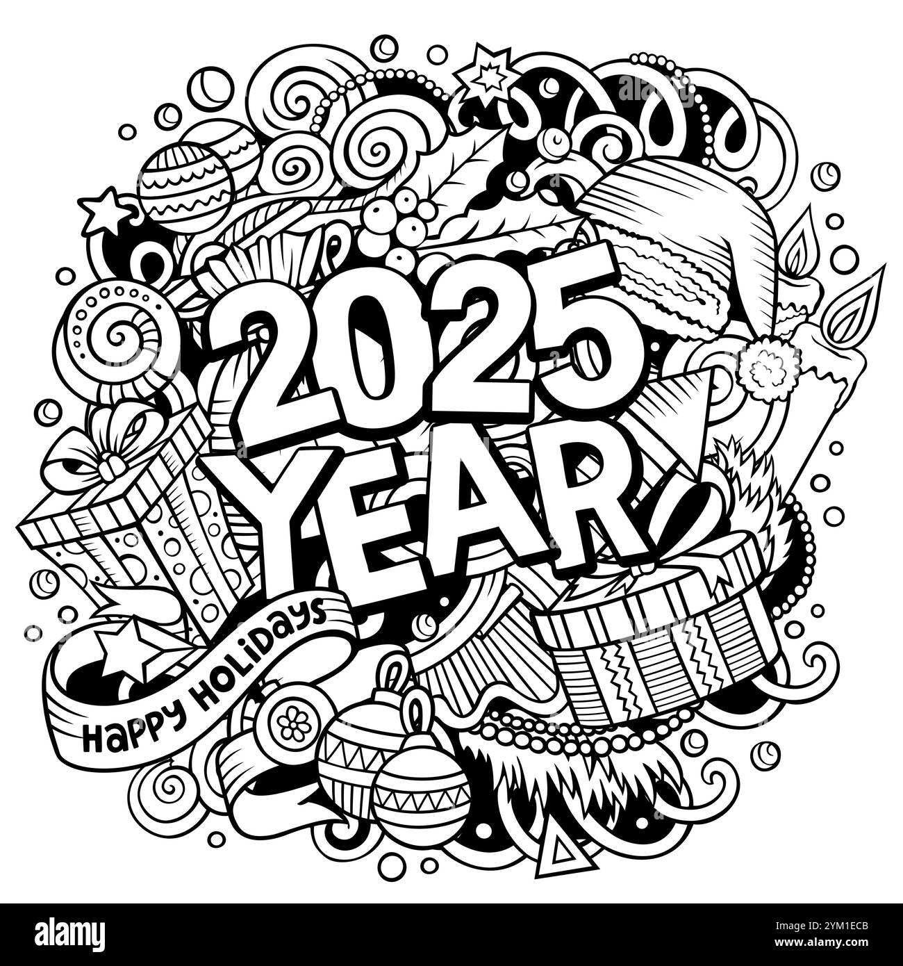 2025 Doodles Illustration New Year Objects And Elements Design 2025 Doodles Illustration New Year Objects And Elements Design Creative Cartoon Holidays Funny Background Colorful Vector Adorable Art 2YM1ECB