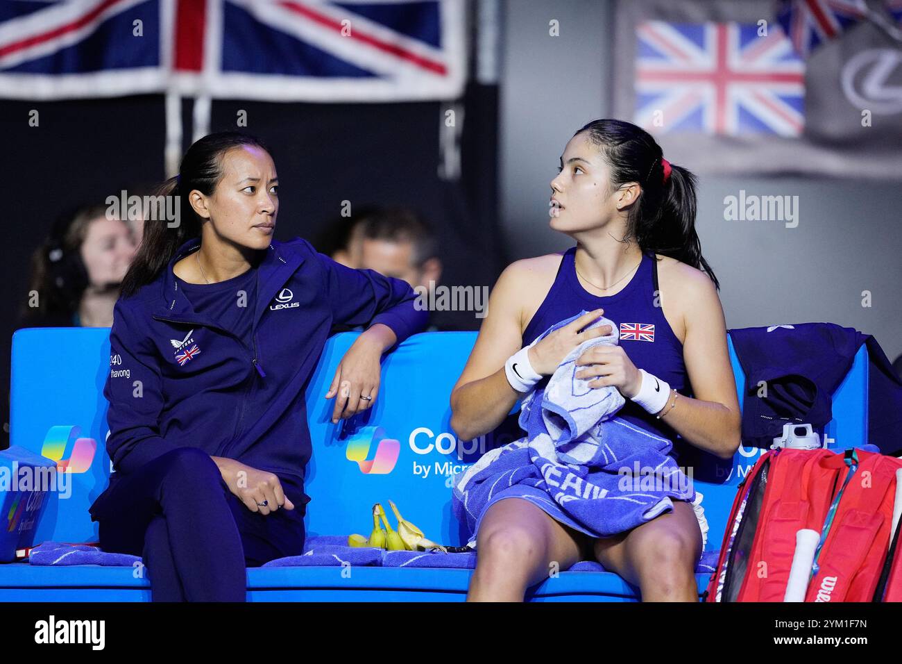 Emma Raducanu of Great Britain with her team capitain, Anne Keothavong, Semi-Final tennis match between Great Britain and Slovakia during the Billie Jean King Cup 2024 on 19 November 2024 in Malaga, Spain Stock Photo