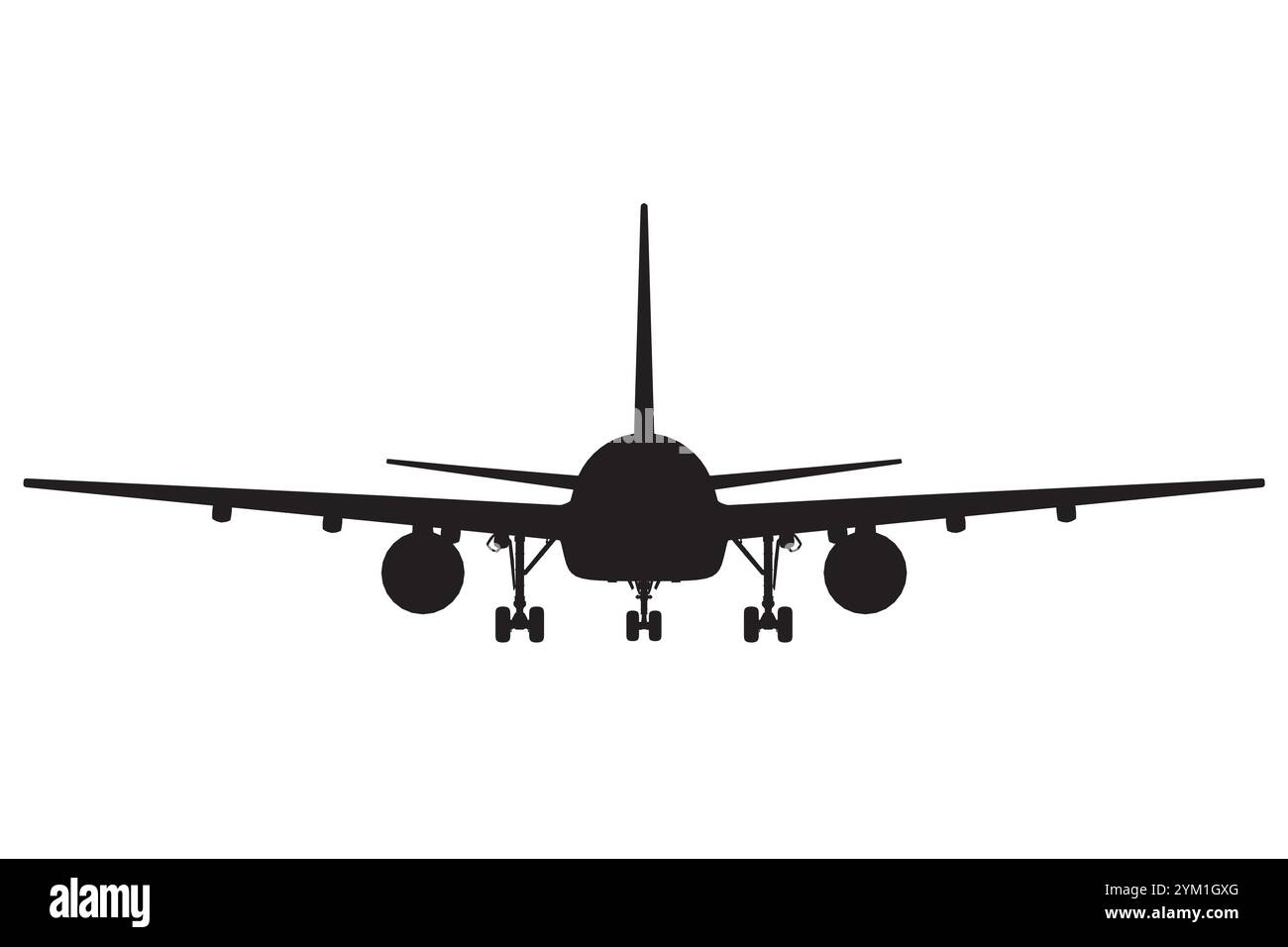 Silhouette of passenger airplane isolated on white background. Front view. Vector illustration Stock Vector