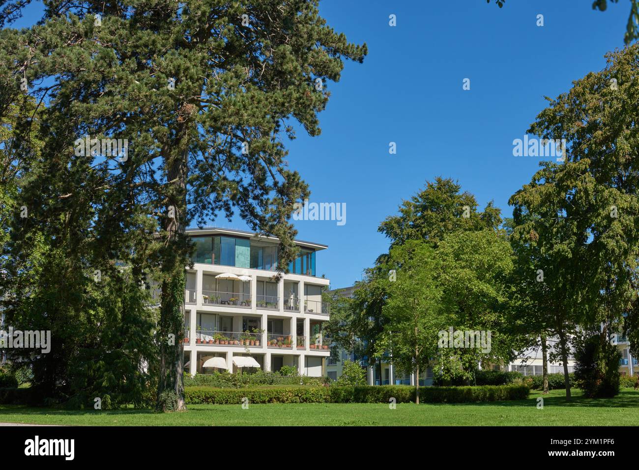 View of Luxurious High-Rise Building Nestled in Lush Green Park with Clear Blue ...