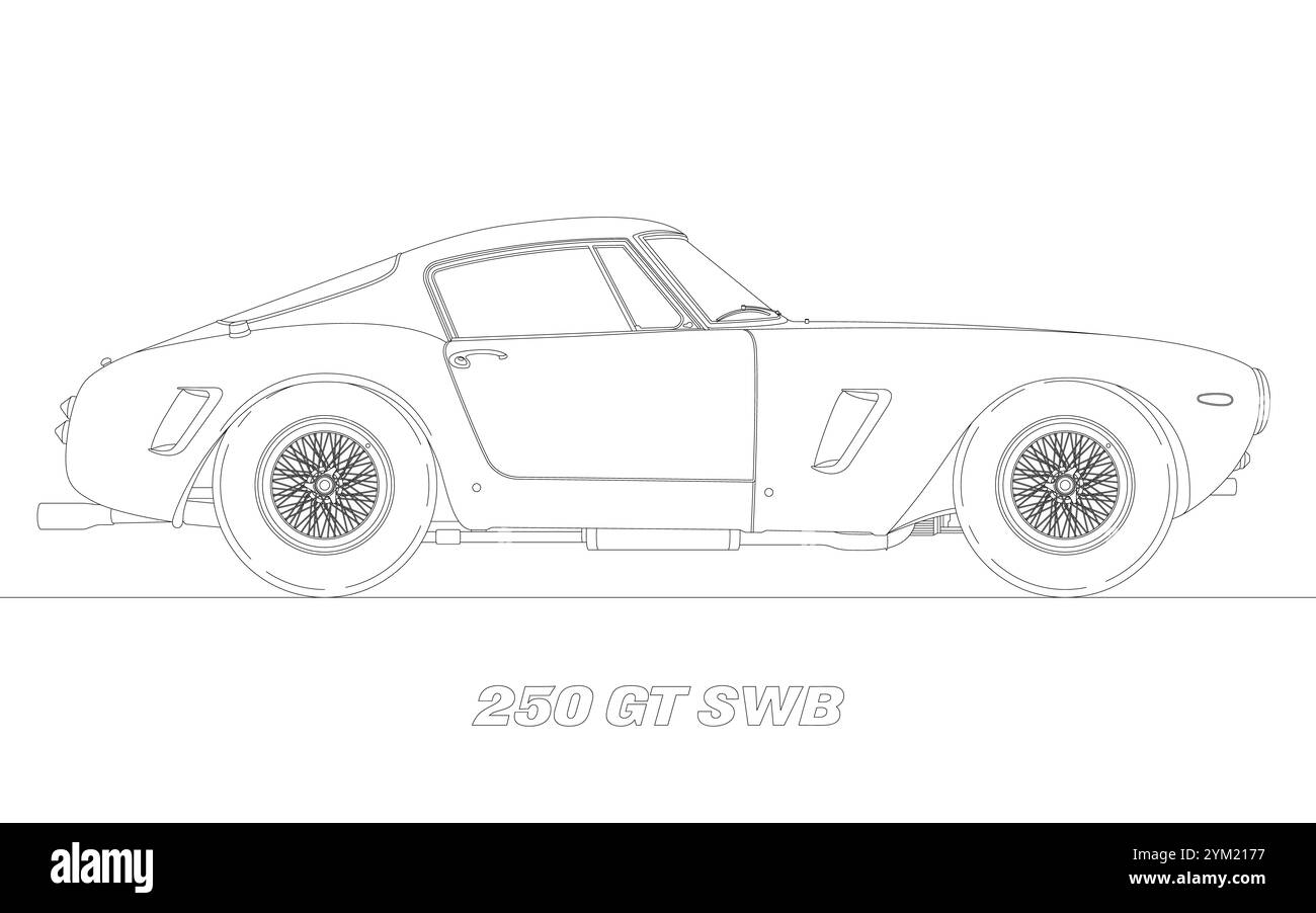 Maranello (Modena) Italy, year 1963, Ferrari  250 GT SWB, vintage sport car silhouette, drawing outlined on the white background, illustration Stock Photo