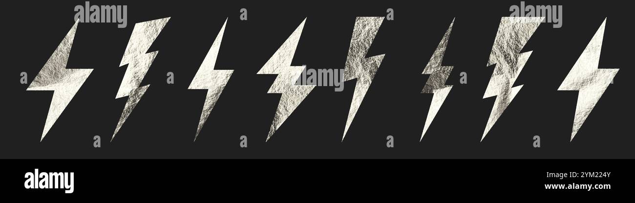 Silver lightning bolt icons collection. Gold foil texture. Flash symbol ...