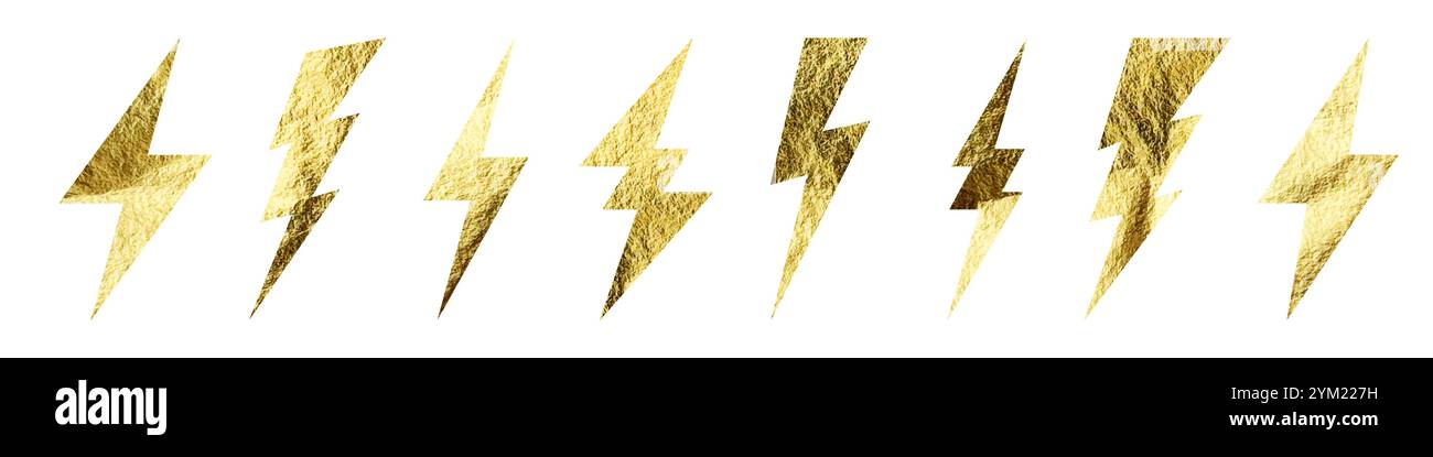 Golden lightning bolt icons collection. Gold foil texture. Flash symbol ...