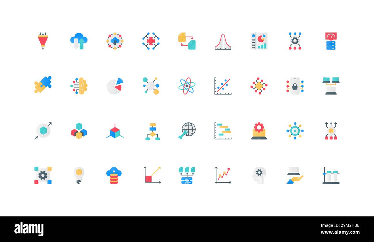 Analytics, statistics, big data analysis, infographic diagram and chart report color icon set. AI and benchmark process, digital platform and cloud computing flat elements vector illustration Stock Vector