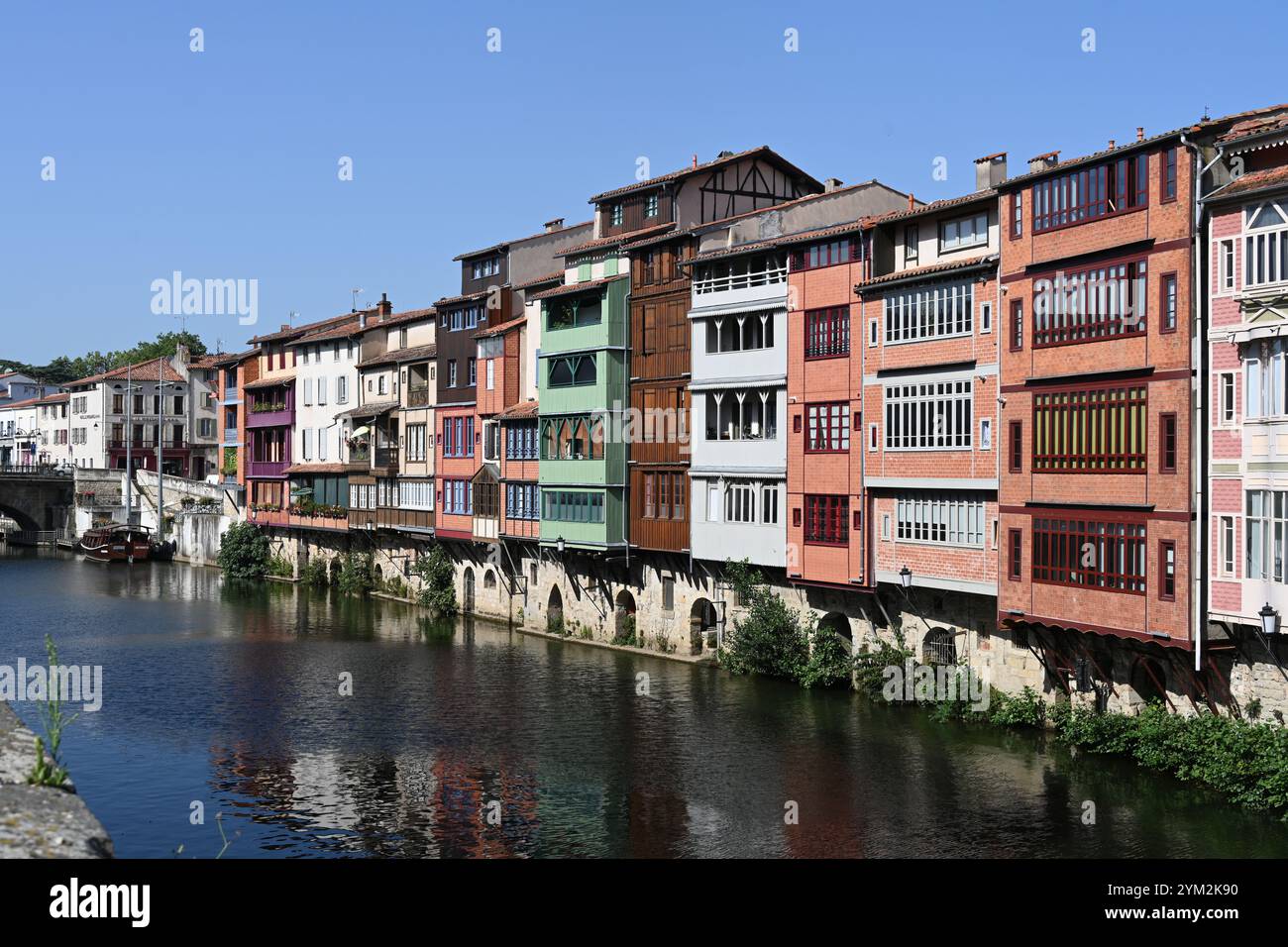 Old or Historic Waterfront or Riverside Houses, former Tanners Houses, along River Agout, Castres Tarn France Stock Photo