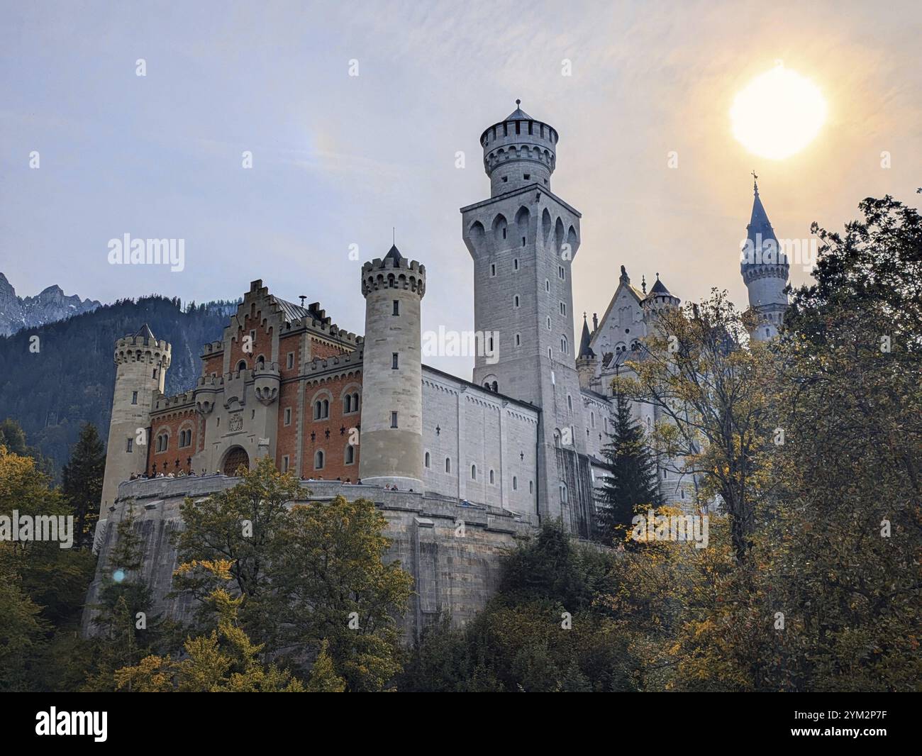 A majestic medieval castle with tall towers surrounded by a forest in ...