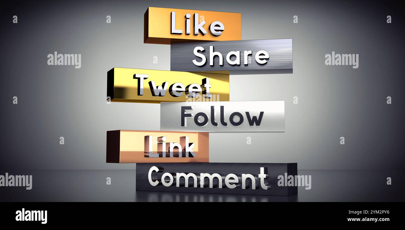 Like, share, tweet, follow, link, comment - words on metal blocks - 3D ...