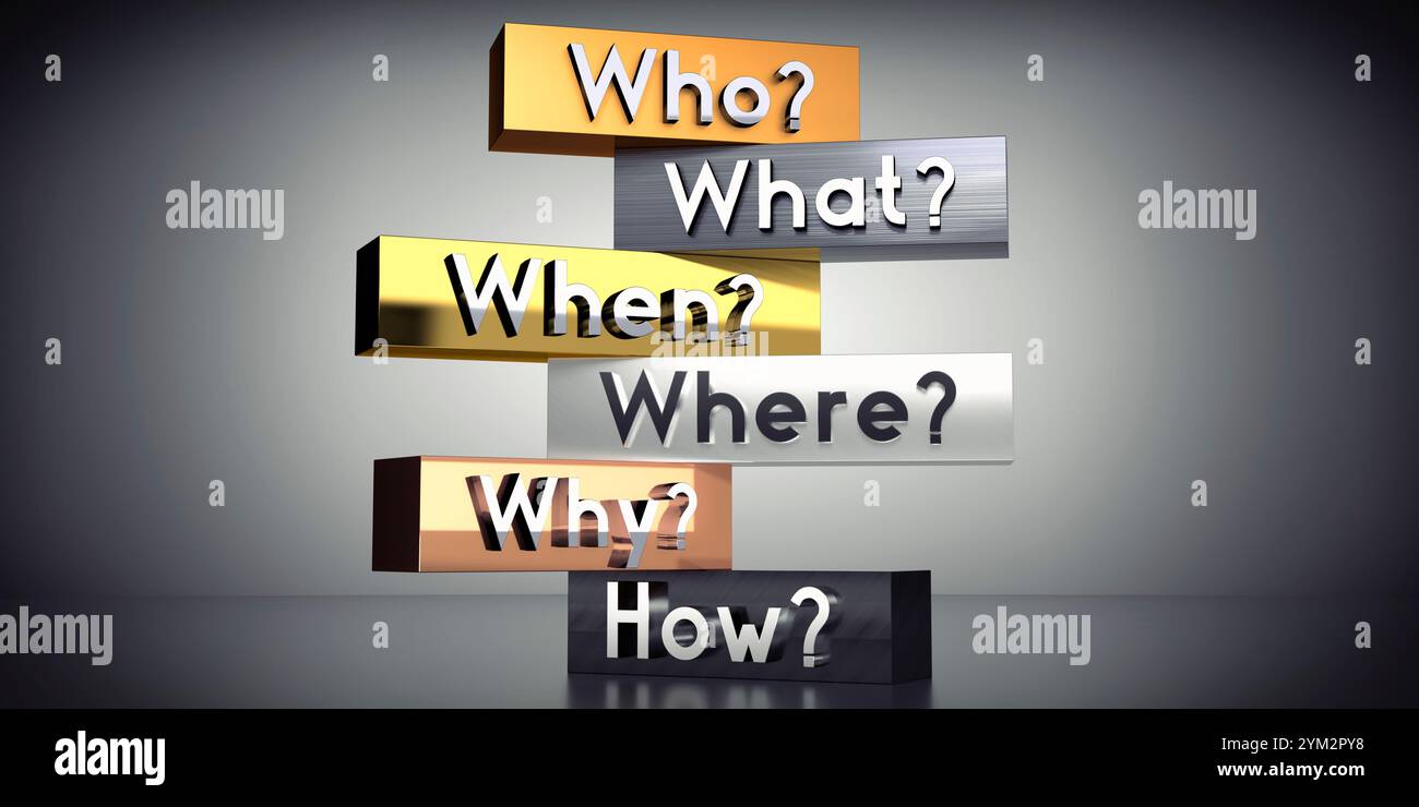 Who, what, when, where, why, how - words on metal blocks - 3D ...