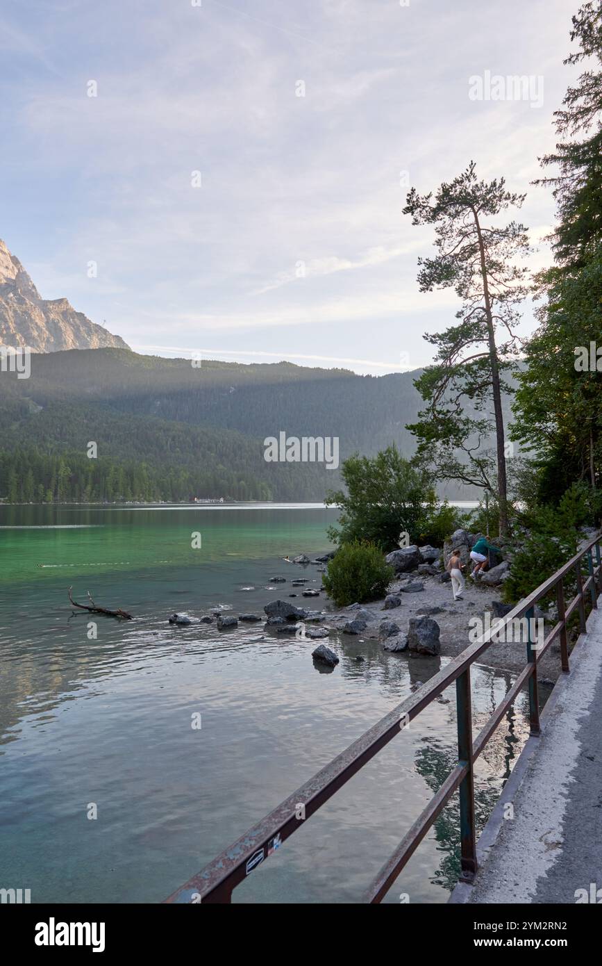 Scenic View of Eibsee Lake with Zugspitze Mountain at Sunset in Bavaria ...