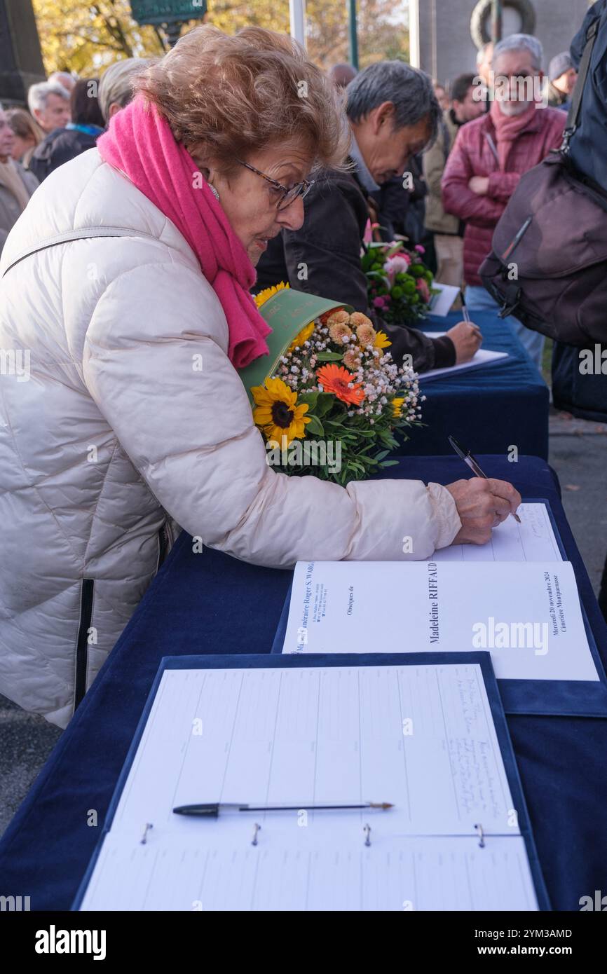 Paris, France. 20th Nov, 2024. Honorary Senator of Val-de-Marne, Helene Luc during the homage and funeral ceremony to the resistance fighter, journalist and activist Madeleine Riffaud, passed away at the age of 100 on November 6th, at the Montparnasse cemetery, in Paris, France, on Wednesday, November 20, 2024. Photo by Pierrick Villette/ABACAPRESS.COM Credit: Abaca Press/Alamy Live News Stock Photo