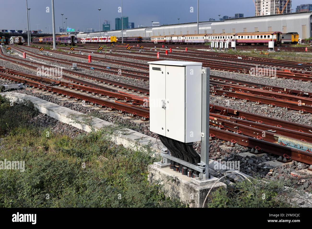 Metal cabinet controls for automatic rail signal and track controlled. Stock Photo