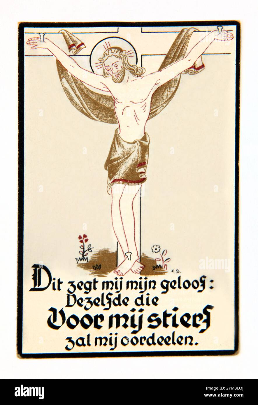 Vintage 1940's Dutch Remembrance Prayer Card with Jesus Christ Crucifixion Stock Photo