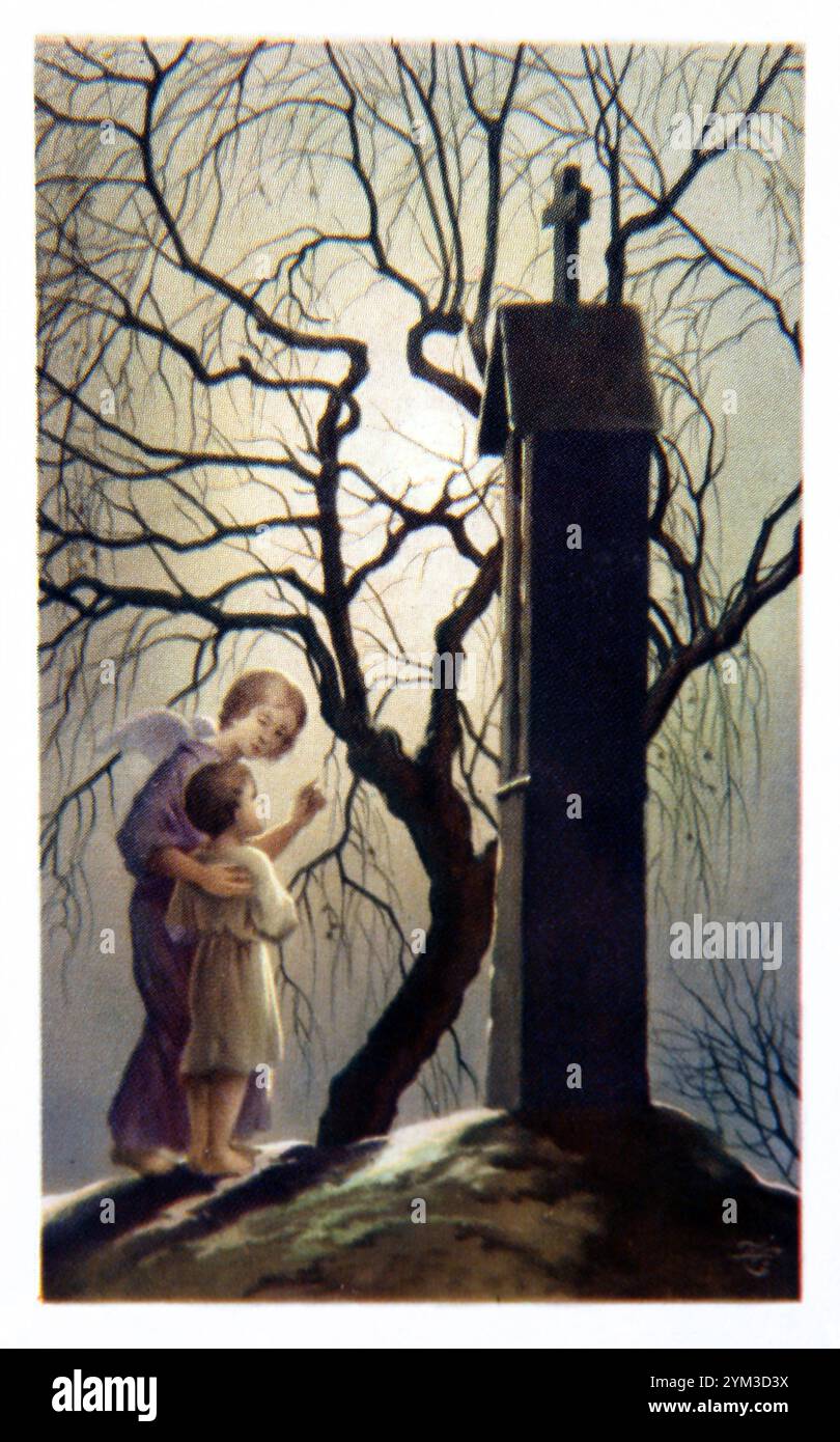 Vintage Prayer Card Depicting and Angel with a Child at A Tomb Stock Photo