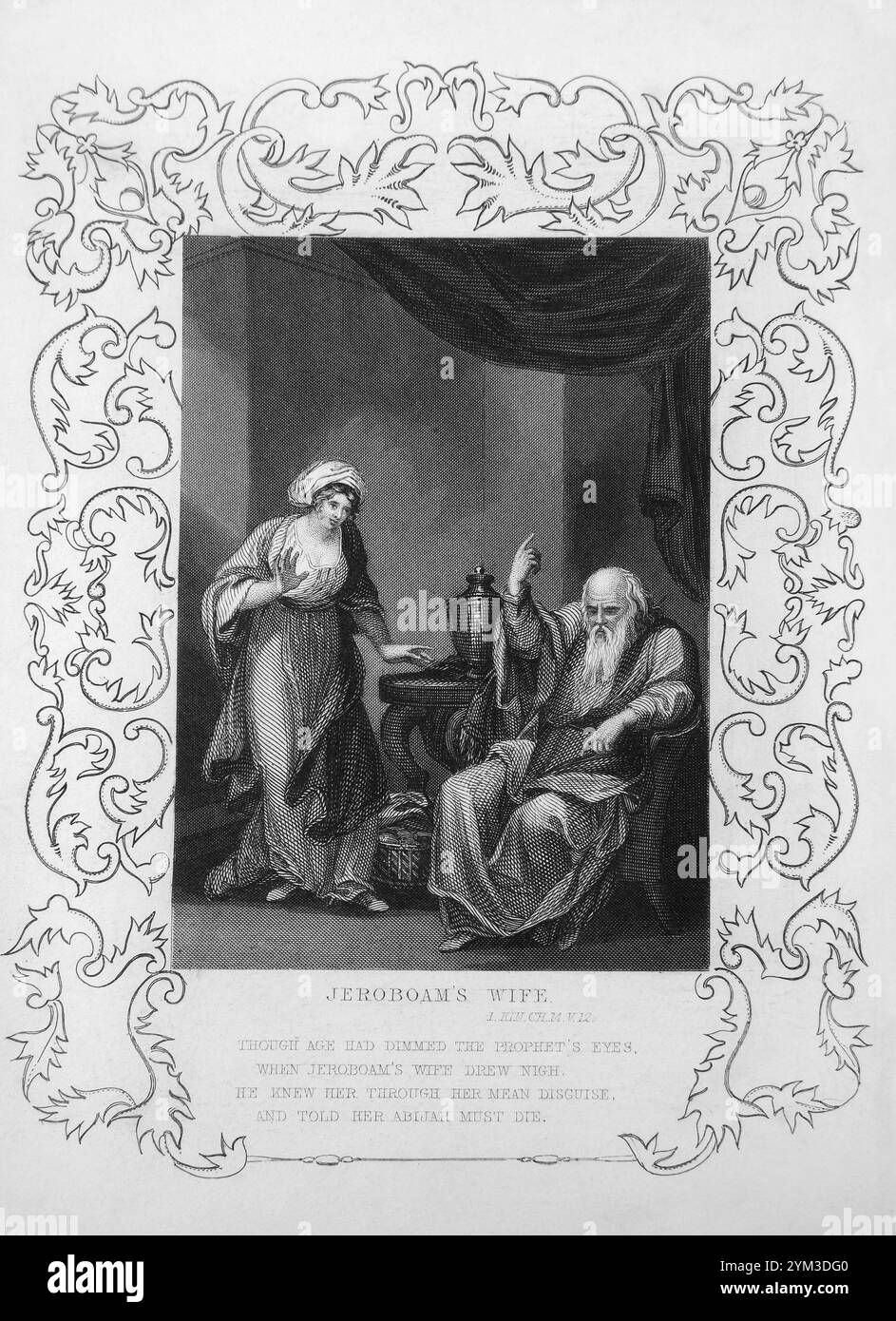 Jeroboam's Wife Disguised herself Sent by her Husband  to see Prophet Ahijah the Shilonite as her Son Abijah was sickfrom the 1851 Tallis Illustrated Stock Photo