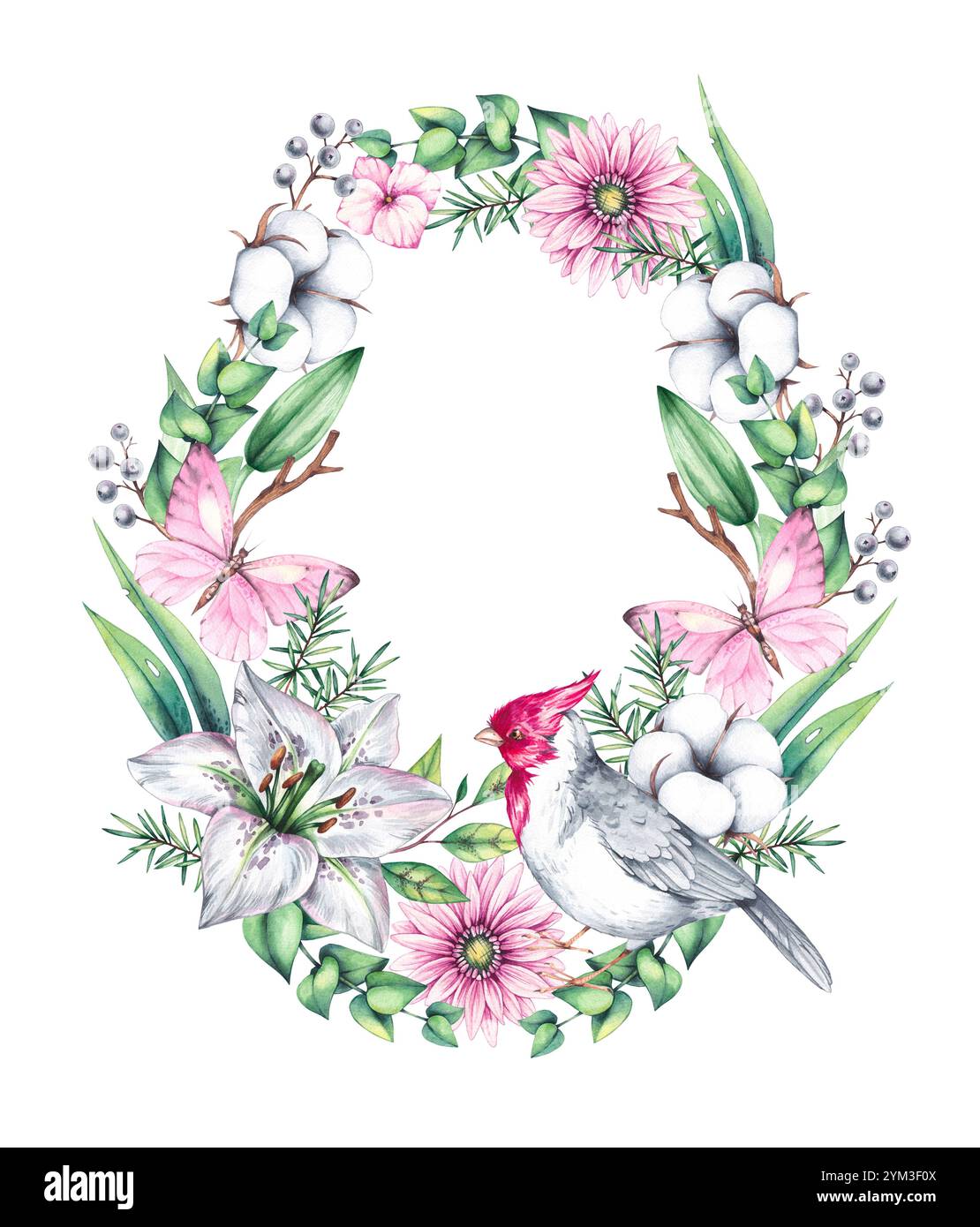 Watercolor botanical wreath with flowers and birds Stock Photo - Alamy
