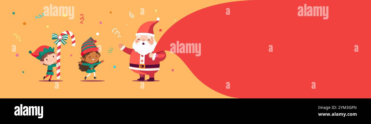 Merry Christmas banner with Santa Claus and dancing elves. Cute cartoon ...