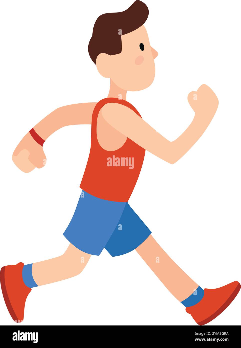 Young man is running, wearing a red sleeveless shirt and blue shorts, promoting the benefits of physical activity for overall well being Stock Vector