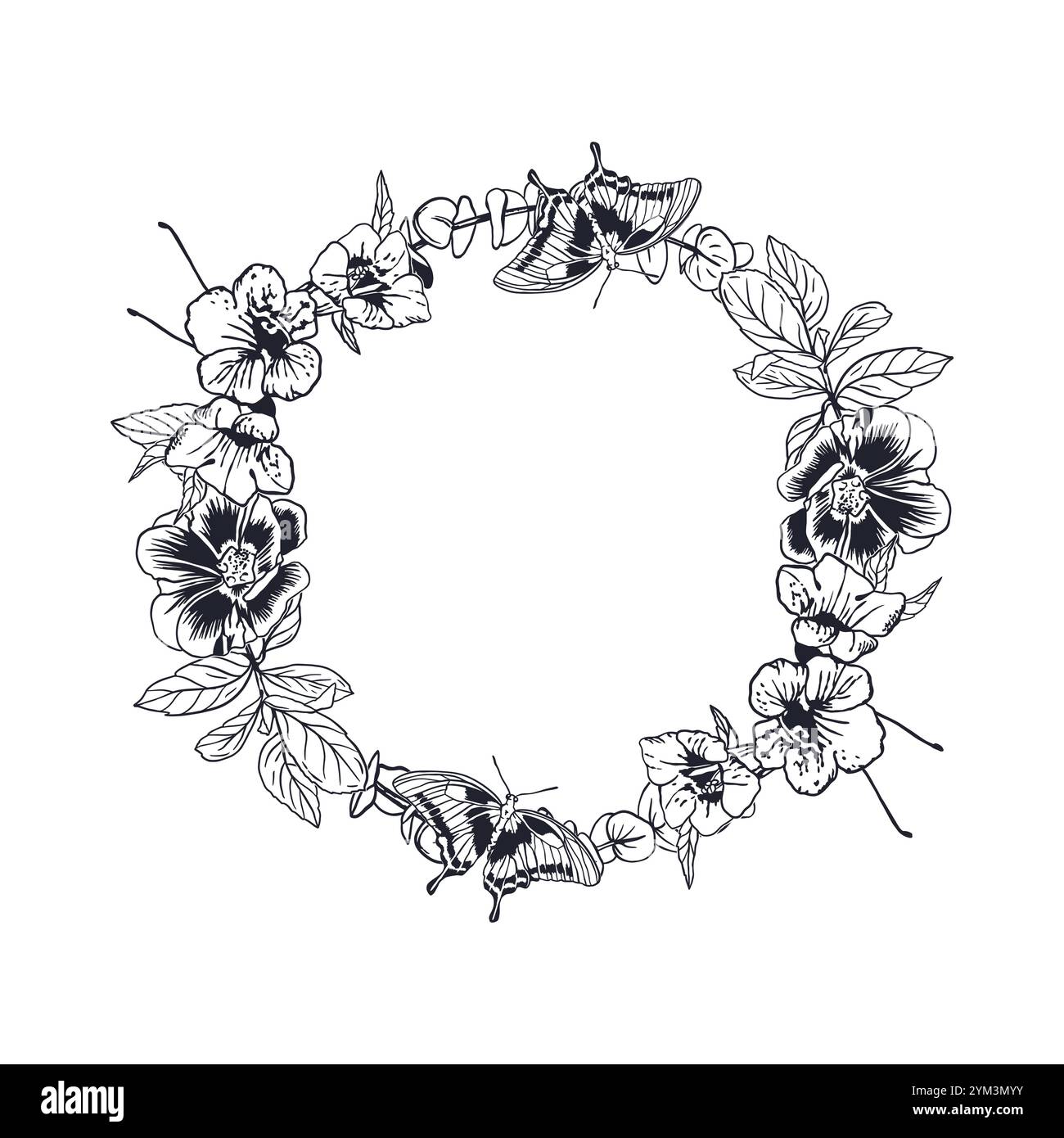 Floral wreath with butterflies in ink. Hand drawn vector illustration ...