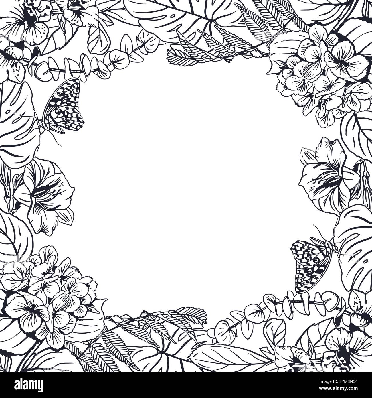 Floral frame square, ink. Tropical leaves of palm tree monstera, fern ...