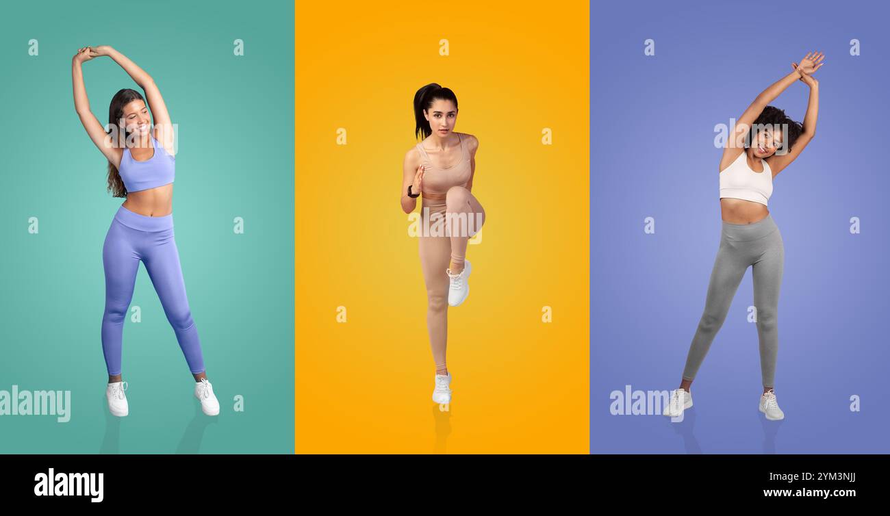 Fitness enthusiasts showcasing stretching exercises against vibrant ...