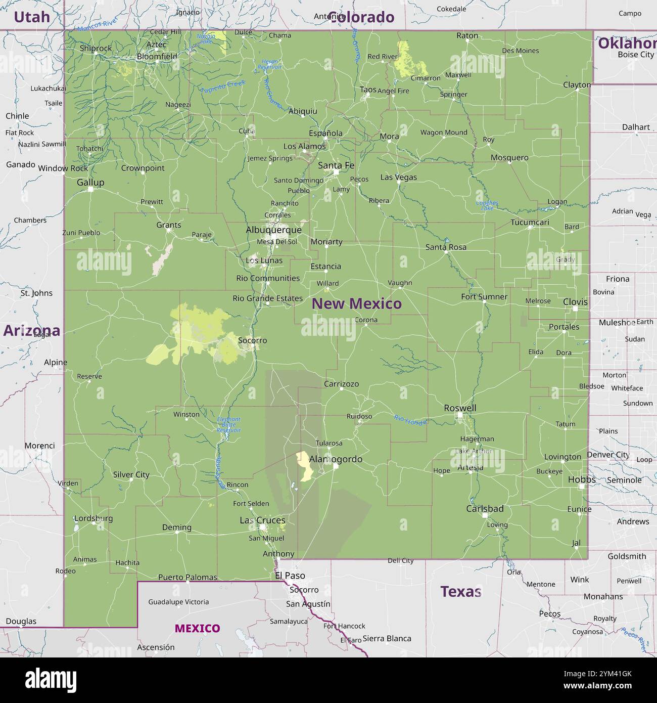 Physical political map of New Mexico - Physical Political Map Of New Mexico United States 2YM41GK 