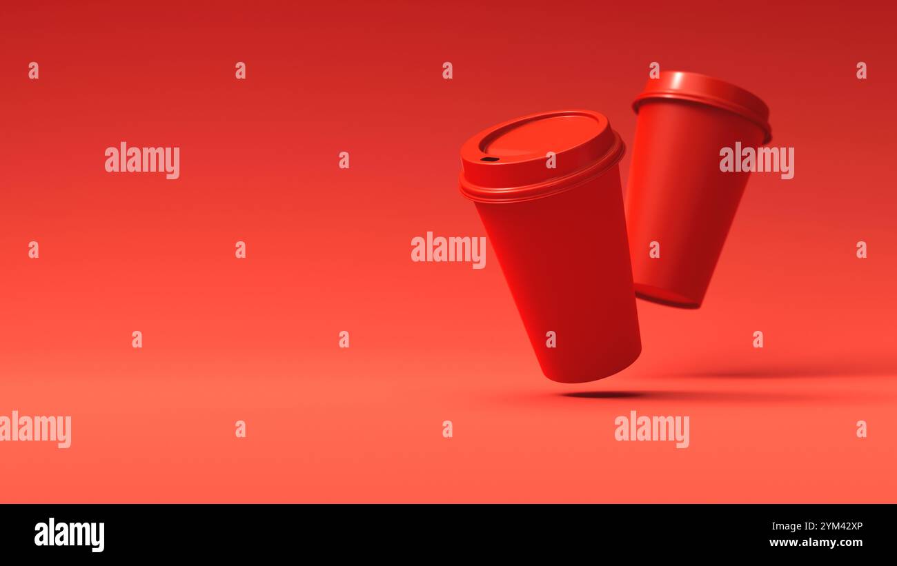 Two Minimalist red Blank Paper Coffee Cup floating above red background ...