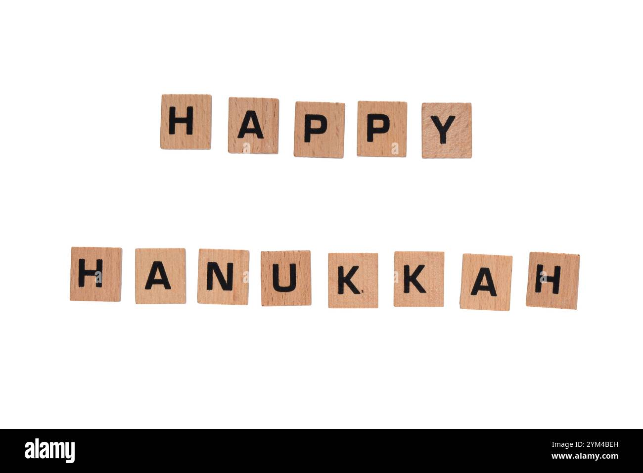 "Happy Hanukkah" on small wooden tiles against white background Stock Photo