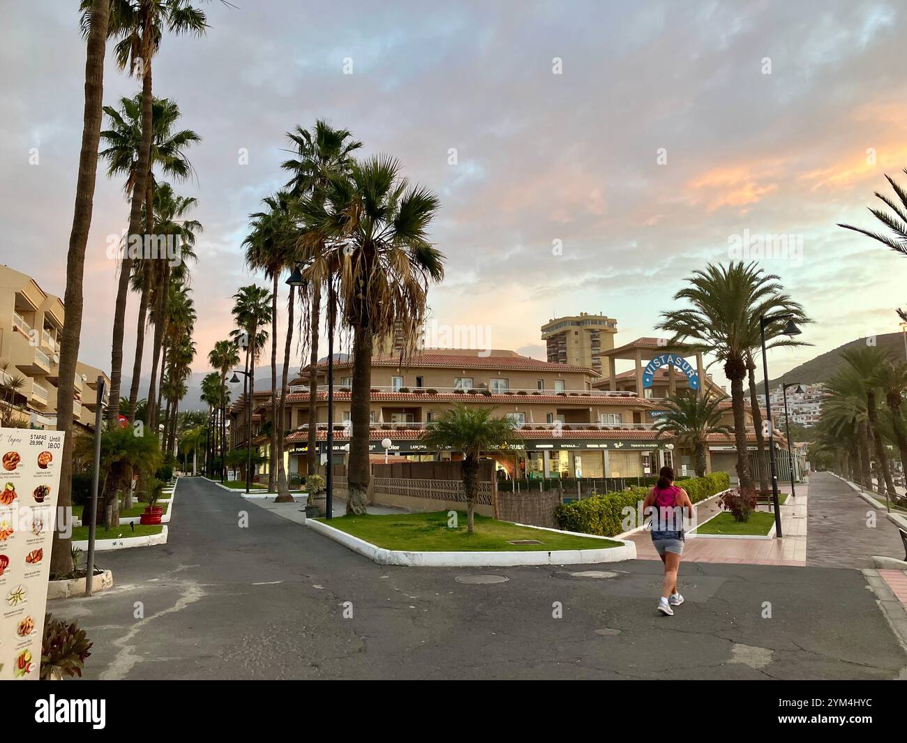 Looking towards the VistaSur Shopping Center on the Los Cristianos seafront. Los Cristianos, Arona, Tenerife, Canary Islands, Spain. 4th February 2023. - Smartphone Captured Stock Image