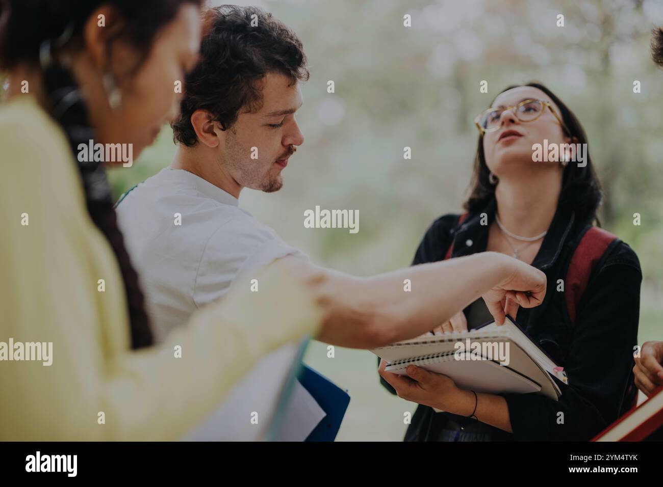 Multicultural students collaborating in the park on school assignments Stock Photo