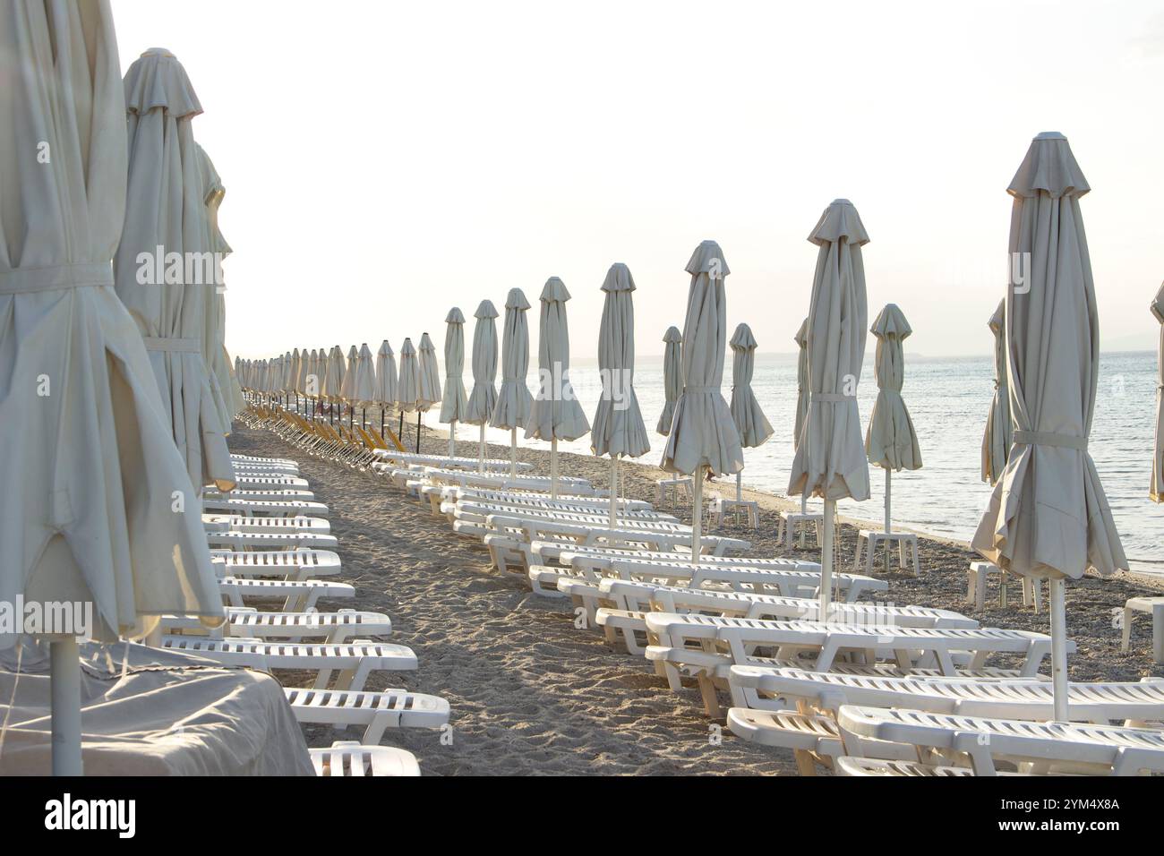 An empty beach with deckchairs and umbrellas in sunset Stock Photo