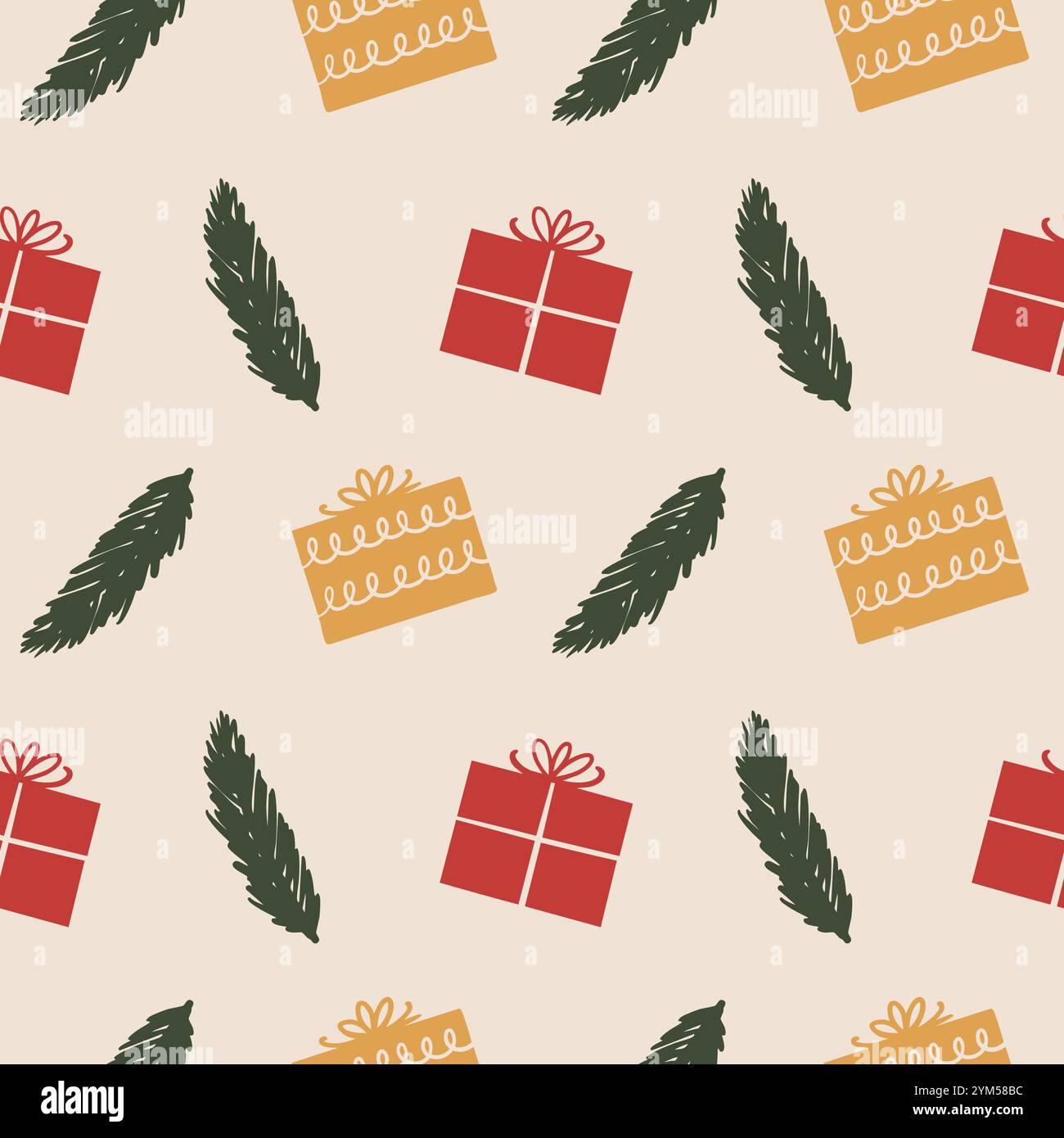 Christmas Seamless Pattern in Simple Gift Boxes and Fir Branches ...