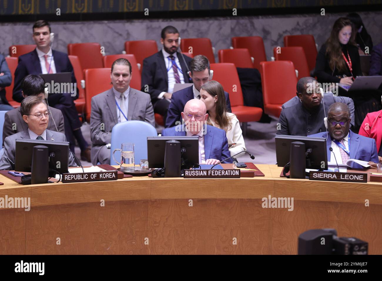 New York, USA. 21st Nov, 2024. United Nations, New York, USA, November 20, 2024: Vassily Nebenzia, Permanent Representative of the Russian Federation to the United Nations, addresses the Security Council meeting on the Palestine War today at UNHQ in New York City. Photo: Luiz Rampelotto/EuropaNewswire/Sipa USA Credit: Sipa USA/Alamy Live News Stock Photo