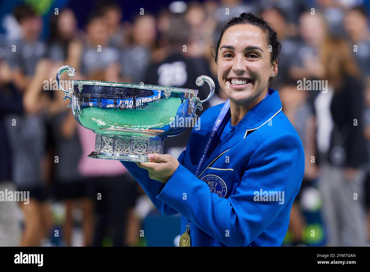 Malaga, Spain. 20th Nov, 2024. MALAGA, SPAIN - NOVEMBER 20: Martina Trevisan of Italy lifts the Billie Jean King Cup trophy during the trophy presentation after winning the Billie Jean King Cup Finals at Palacio de Deportes Jose Maria Martin Carpena on November 20, 2024 in Malaga, Spain. (Photo by Francisco Macia/Photo Players Images/Magara Press) Credit: Magara Press SL/Alamy Live News Stock Photo