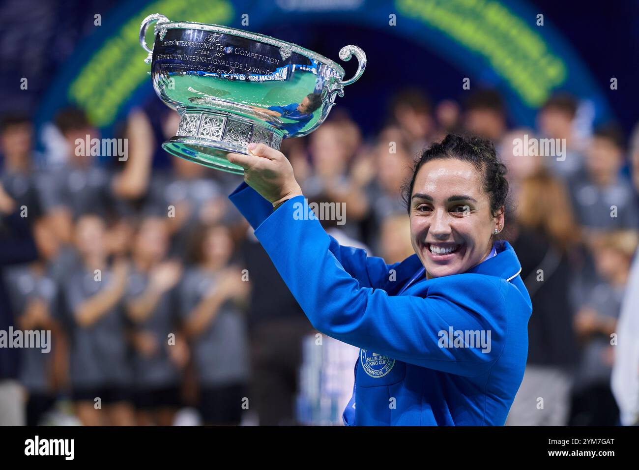 Malaga, Spain. 20th Nov, 2024. MALAGA, SPAIN - NOVEMBER 20: Martina Trevisan of Italy lifts the Billie Jean King Cup trophy during the trophy presentation after winning the Billie Jean King Cup Finals at Palacio de Deportes Jose Maria Martin Carpena on November 20, 2024 in Malaga, Spain. (Photo by Francisco Macia/Photo Players Images/Magara Press) Credit: Magara Press SL/Alamy Live News Stock Photo