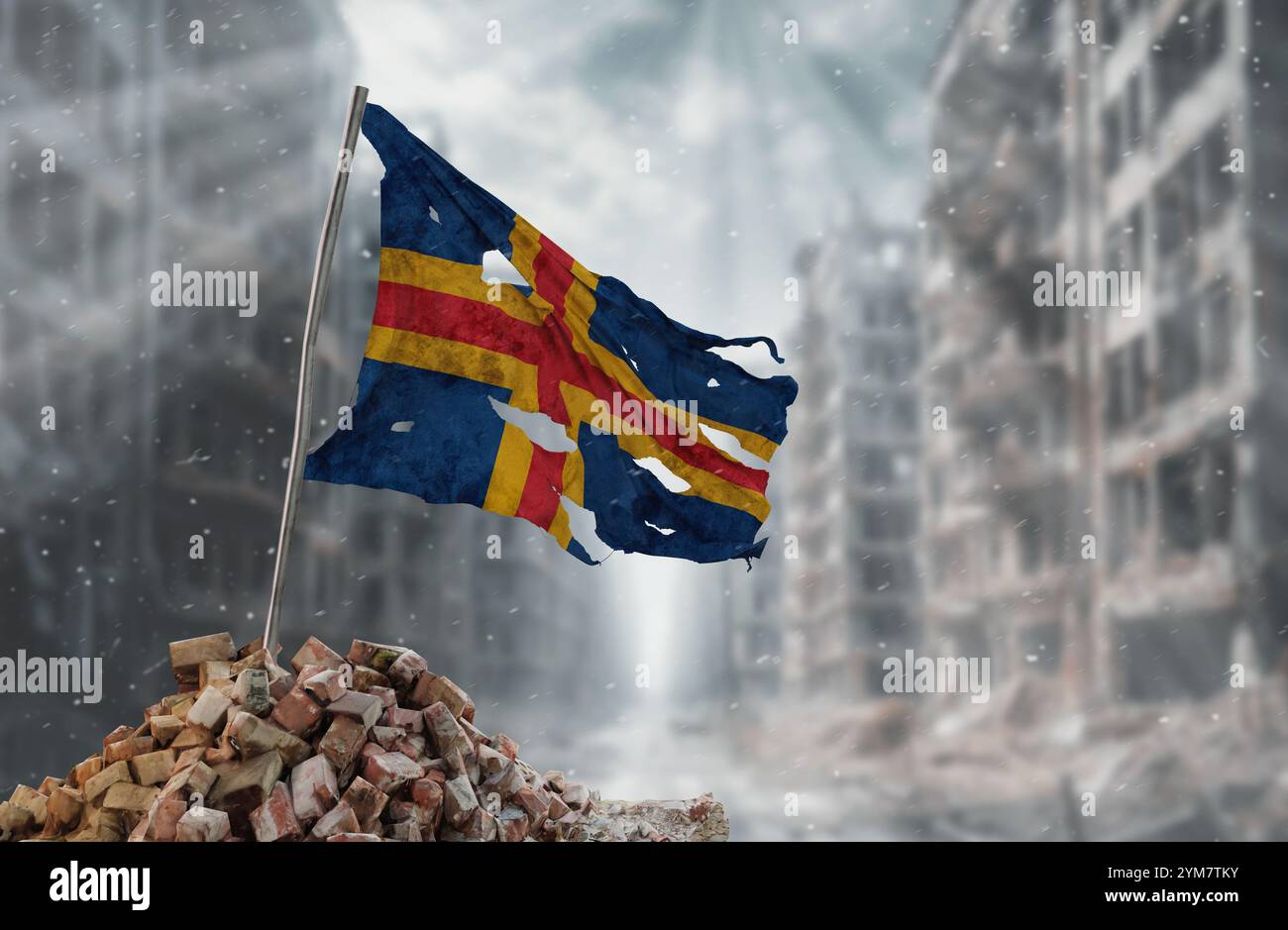 Dirty and torn Aland Islands flag, symbol of resistance and victory. A scene of war and devastation, the ruins of a city destroyed by conflicts. 3D Re Stock Photo