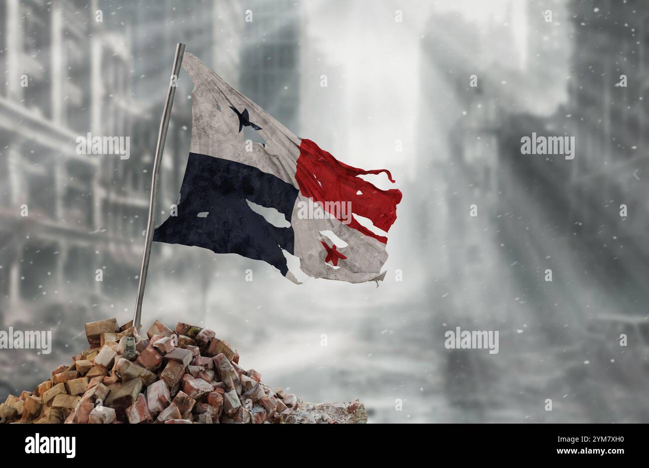 Dirty and torn Panama flag, symbol of resistance and victory. A scene of war and devastation, the ruins of a city destroyed by conflicts. 3D Rendering Stock Photo