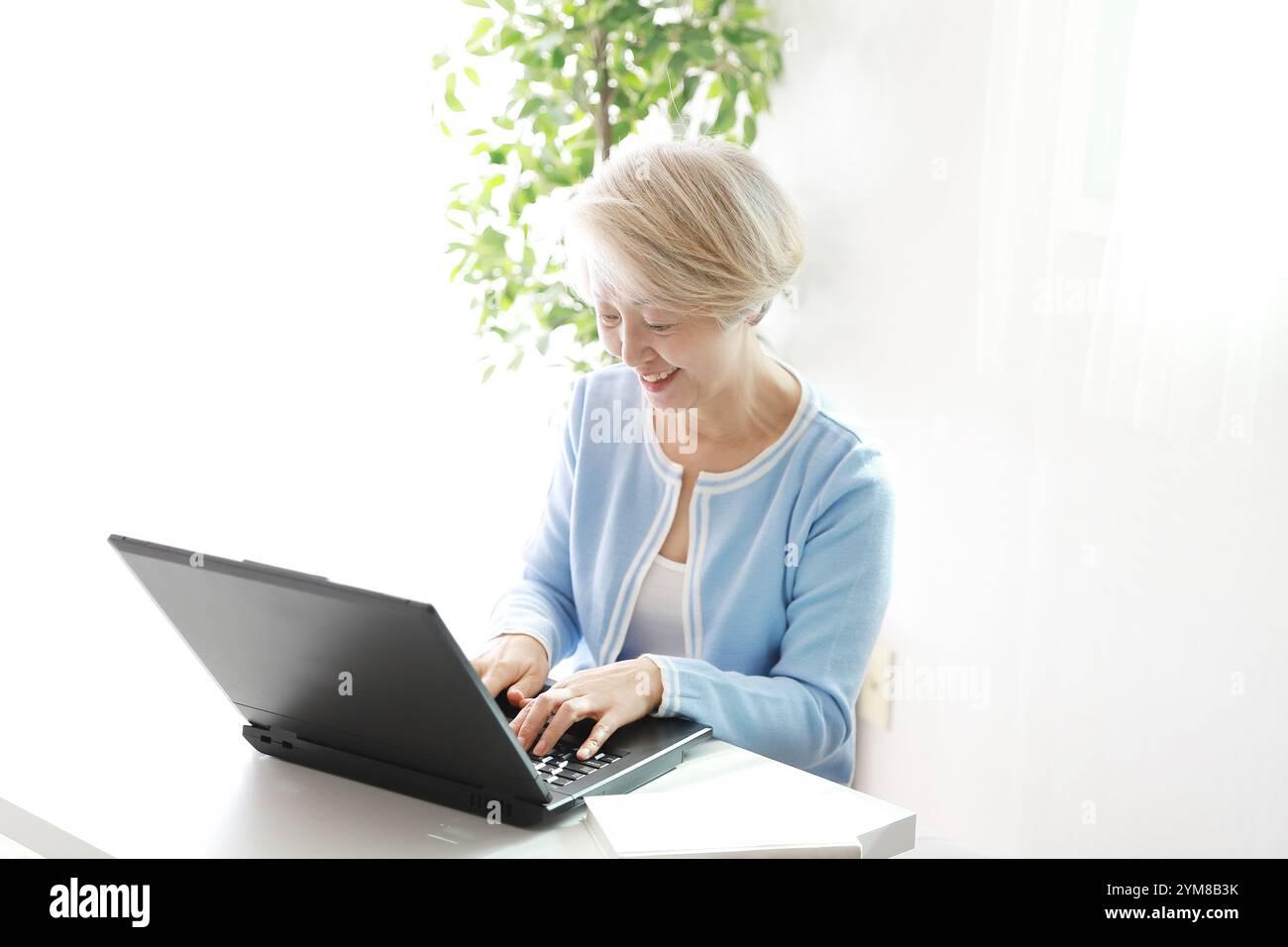 Older woman operating a laptop computer with a smile Stock Photo - Alamy