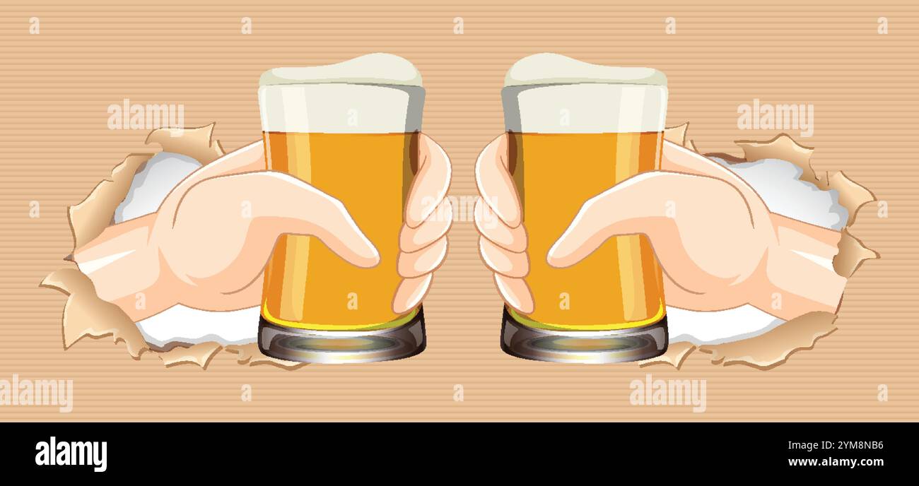 Two hands holding beer glasses through holes Stock Vector
