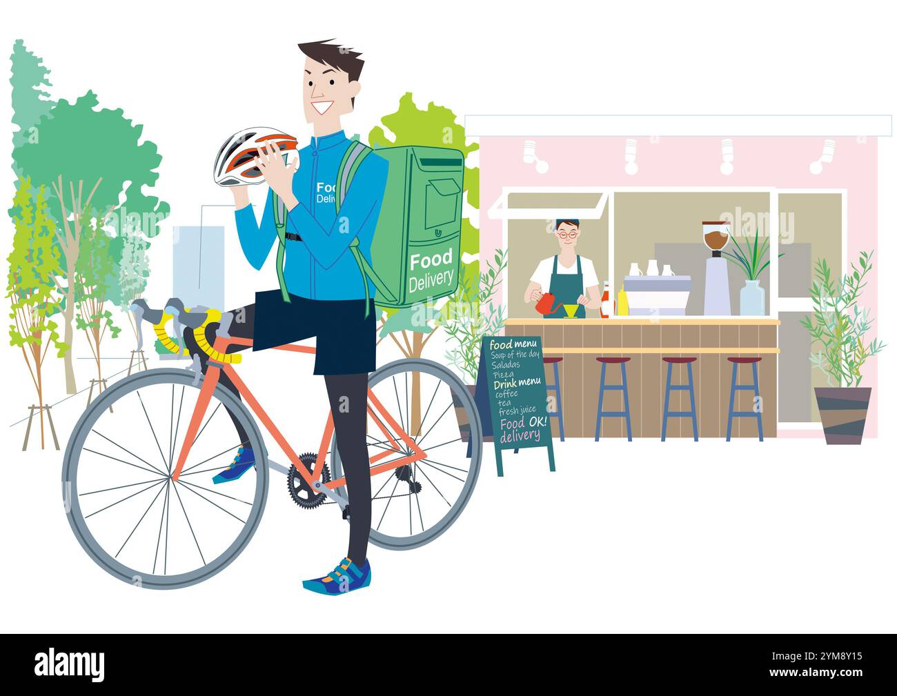 Male delivery man doing food delivery on a bicycle Stock Photo - Alamy