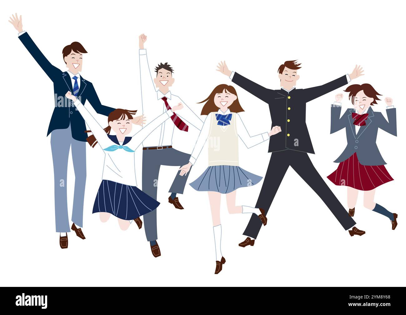 Jumping schoolboys and a group of schoolgirls in school uniform Stock ...