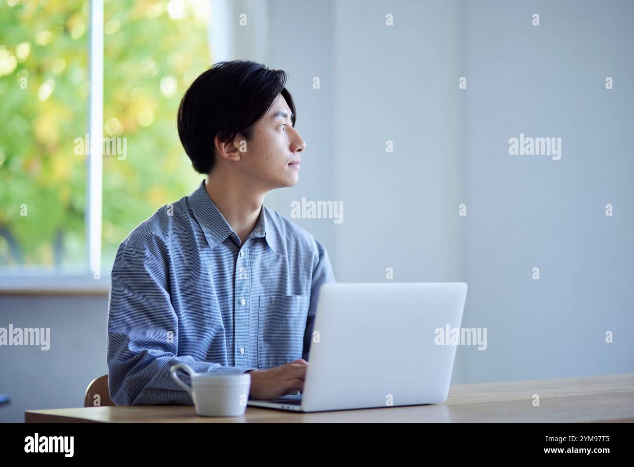 Male Japanese university student using computer in living room Stock ...