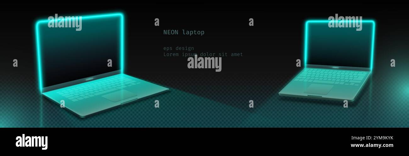 Modern laptops outlined with turquoise neon glow on dark background. Minimalist mockup with illuminated screens and keyboards at different angles. Realistic 3d visualization for tech designs. Stock Vector