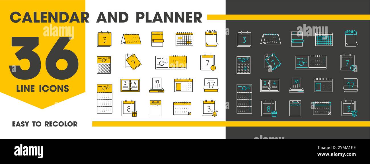 Calendar outline icons of schedule date pages and reminder notification ...