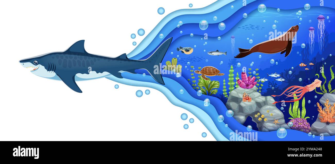 Cartoon sea underwater landscape with animals and ocean paper cut waves ...