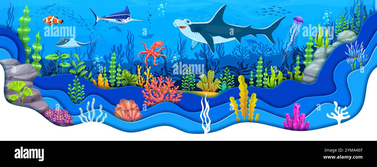 Paper cut underwater landscape with cartoon sea animal characters and ...