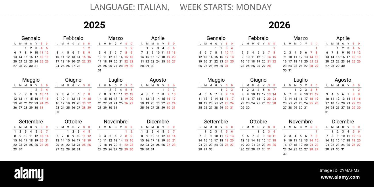2025 and 2026 italian calendars (calendario italiano). Simple editable