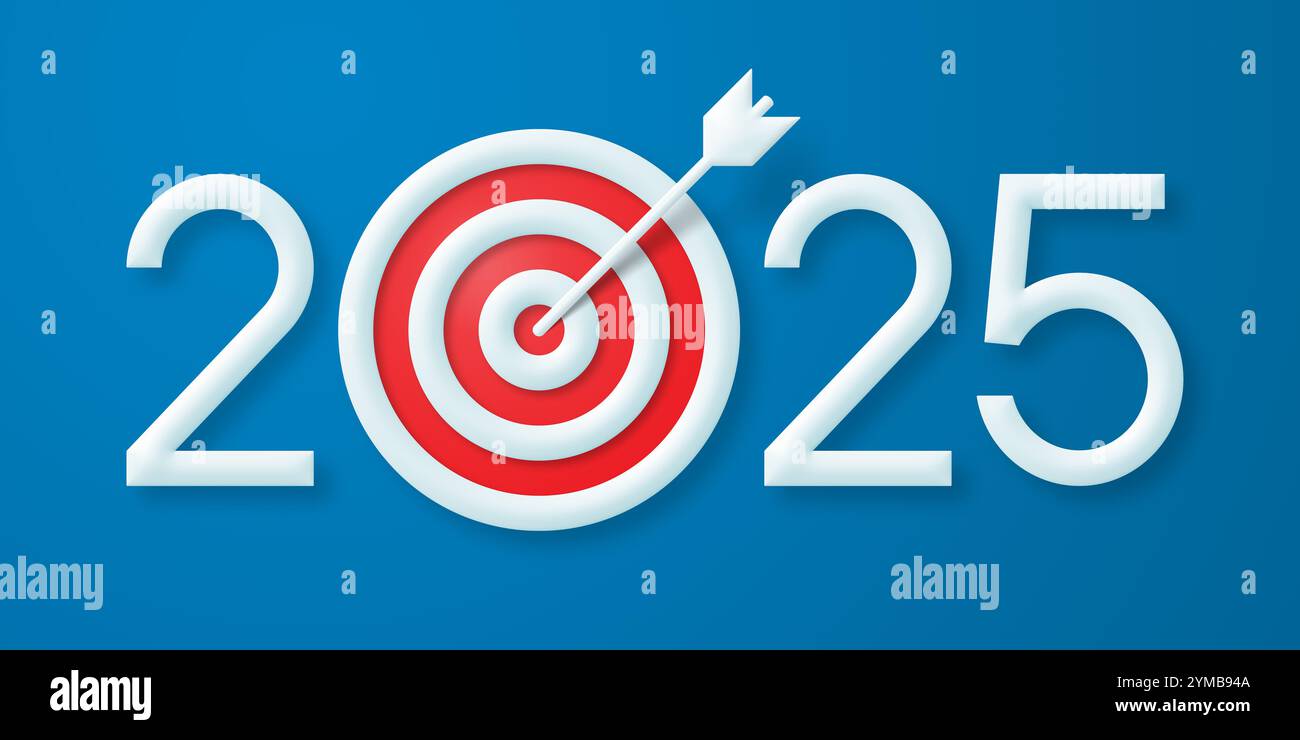 New Year 2025 goal and target, the concept of strategy and success. Arrow hits the bullseye Stock Photo