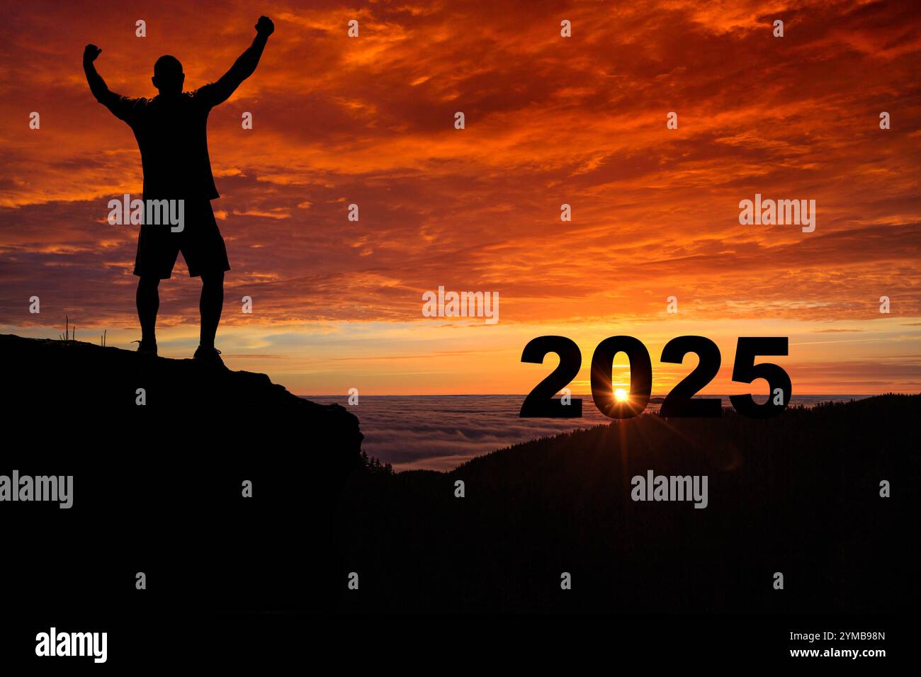 Mountain 2025 Sunrise Hi Res Stock Photography And Images Alamy Man Silhouette On The Mountain Top Watching The Sunrise And 2025 Years While Celebrating 2YMB98N