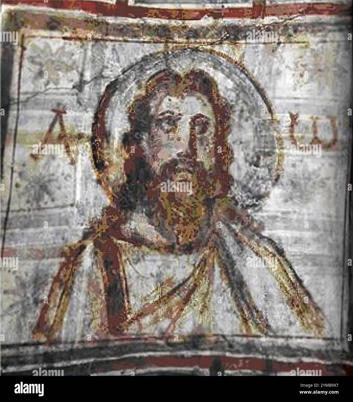 7450. Christ with Alpha Omega, fresco from the Roman catacomb of Commodilla dating c. 4th. C. Stock Photo
