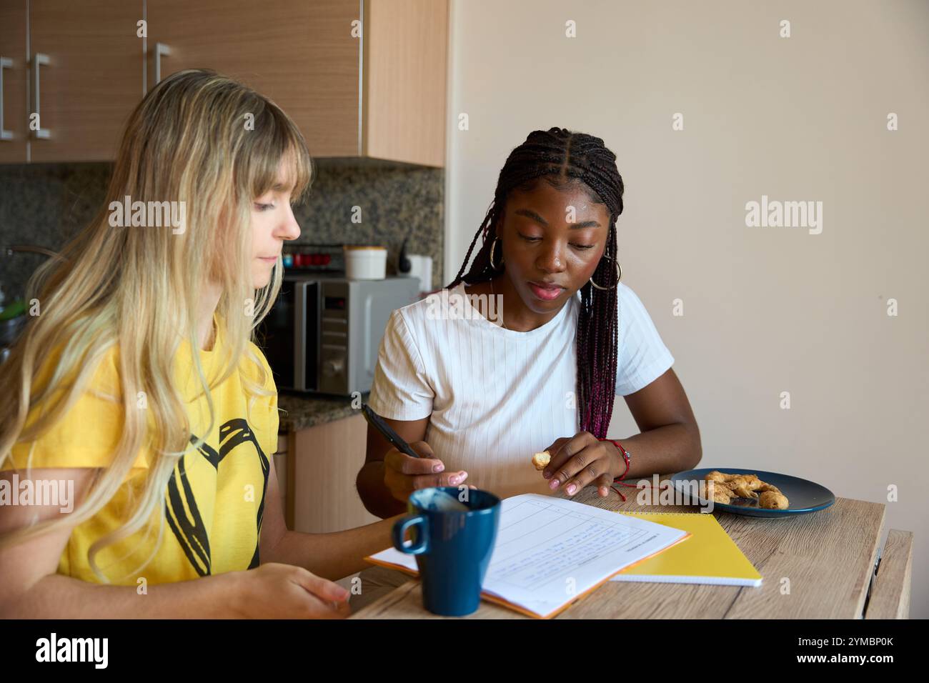 Multiethnic students studying together in modern kitchen Stock Photo